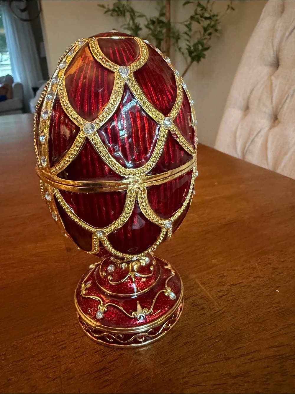 Russian-Styled Red Enamel Fabergé Decorative Egg Trinket Music Box